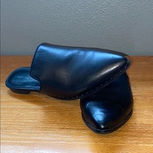 Black leather slide on mules w silver studs